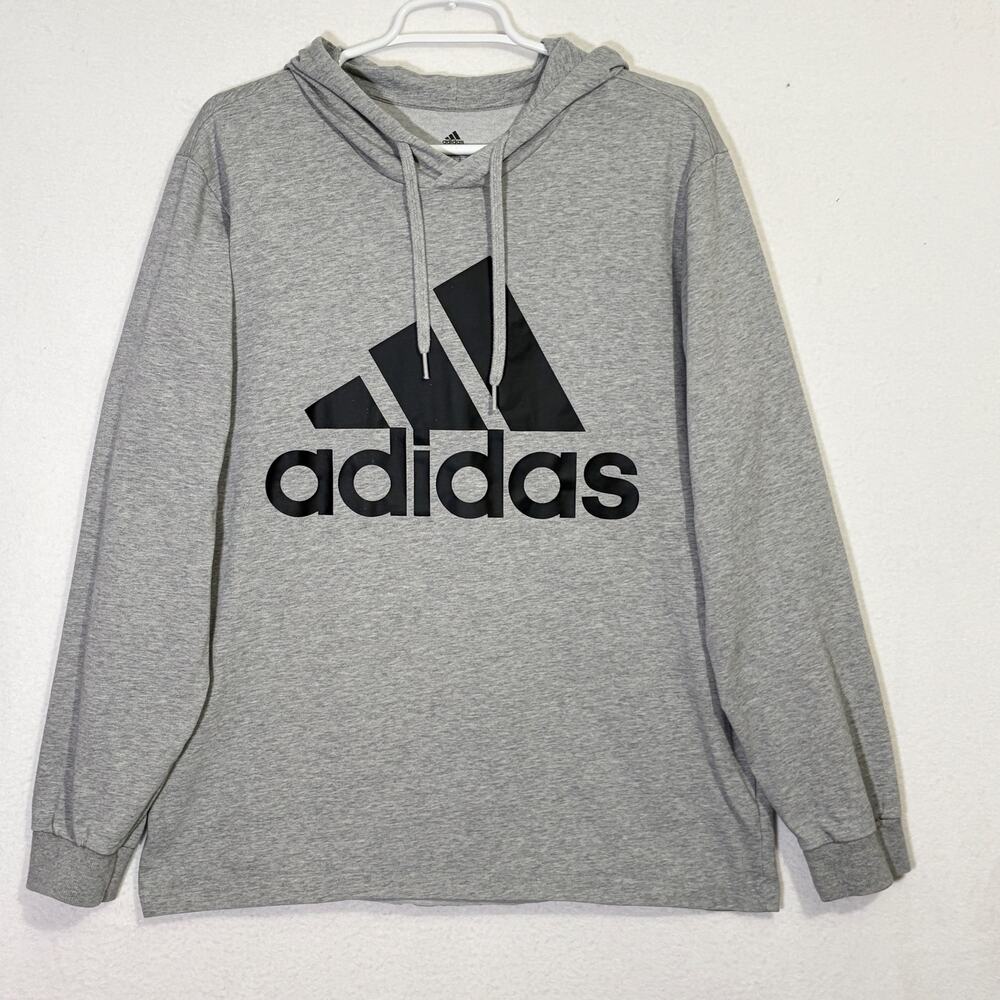 Adidas Hooded Long Sleeve Shirt Mens Large Gray Big Logo Lightweight Pullover